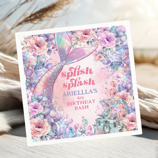 Flower Glitter Mermaid Tail 4th Birthday Servet