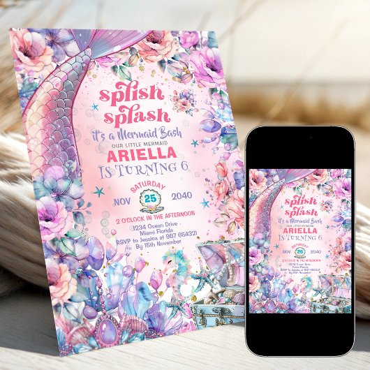 Flower Glitter Mermaid Tail 6th Birthday Kaart