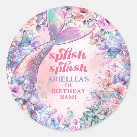 Flower Glitter Mermaid Tail 6th Birthday Ronde Sticker (Voorkant)