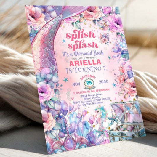 Flower Glitter Mermaid Tail 7th Birthday  Kaart