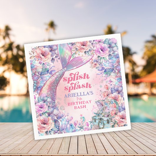 Flower Glitter Mermaid Tail 7th Birthday Servet