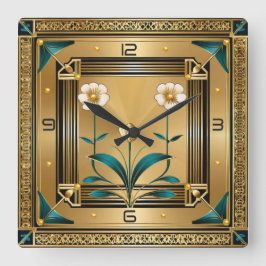 Flower Gold Art Deco Vierkante Klok