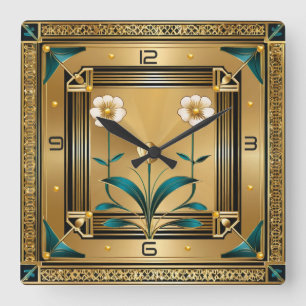 Flower Gold Art Deco Vierkante Klok