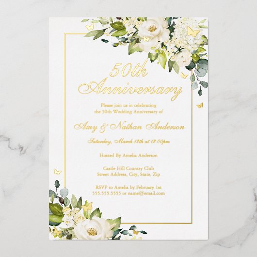 Flower Golden Butterfly 50ste bruiloft Jubileum Folie Uitnodiging (Voorkant)