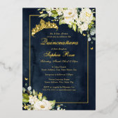 Flower Golden Butterfly Navy Quinceanera Folie Uitnodiging (Voorkant)