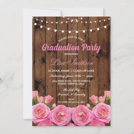 Flower Graduation Party Roze Hout Bloemen Bloemen Kaart (Voorkant)