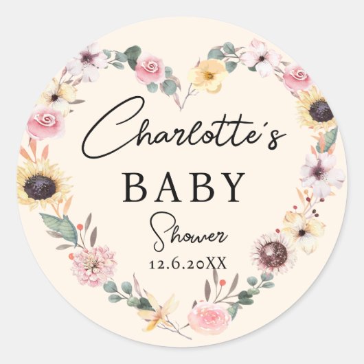 Flower-Heart-Baby shower Ronde Sticker (Voorkant)