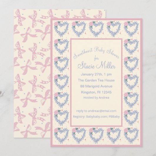 Flower Hearts and Bows Roze Baby shower Uitnodigin Kaart (Voorkant / Achterkant)