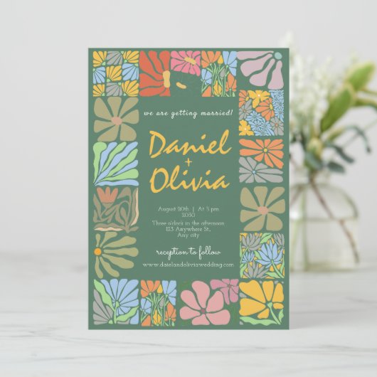  Flower Kleurrijke Retro bruiloft Kaart (Staand voorkant)