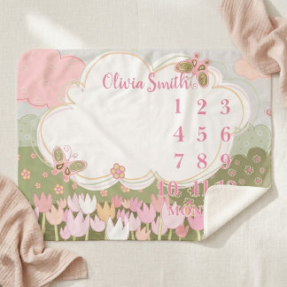 Flower Milestone Blanket, Baby Girl Butterflies Sherpa Deken