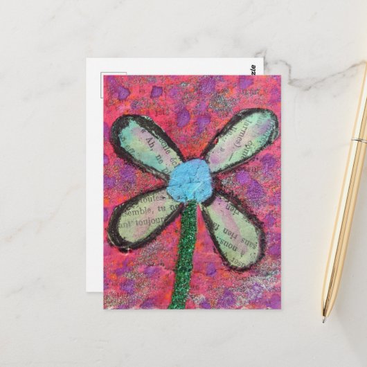 Flower Mixed Media Collage Briefkaart (Voorkant / Achterkant in situ)