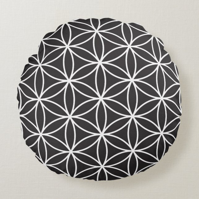 Flower of Life (2-Way) Groot Ptn - Zwart & Wit Rond Kussen (Voorkant)