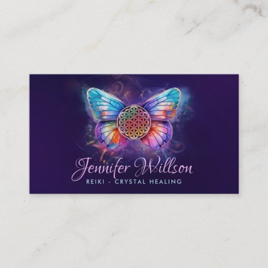 Flower of life Butterfly - Kleurrijke energiestroo Visitekaartje (Voorkant)