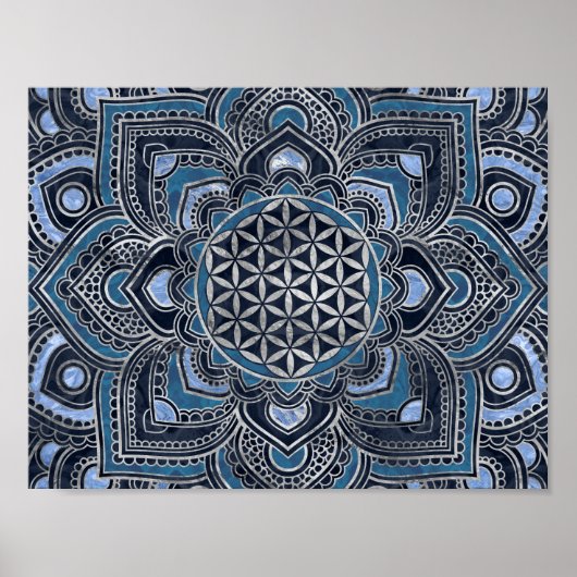 Flower of Life in Lotus - Blue Crystal and Silver Poster (Voorkant)
