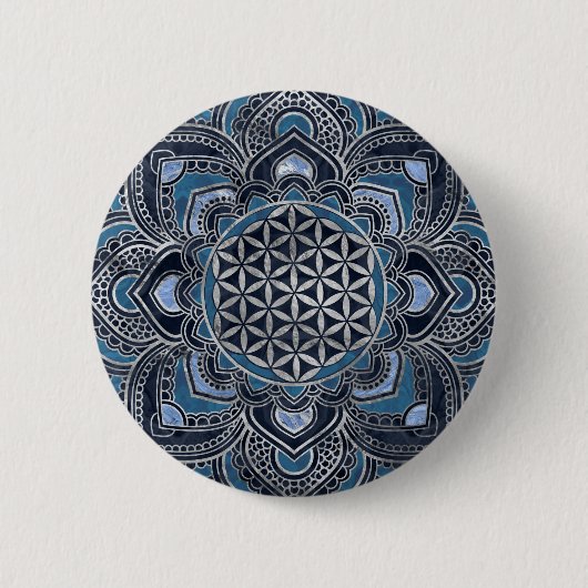 Flower of Life in Lotus - Blue Crystal and Silver Ronde Button 5,7 Cm (Voorkant)