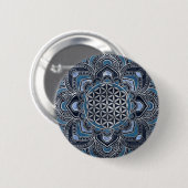 Flower of Life in Lotus - Blue Crystal and Silver Ronde Button 5,7 Cm (Voorkant /achterkant)