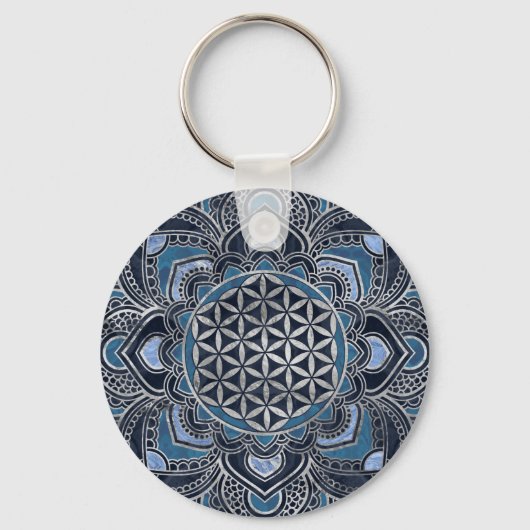 Flower of Life in Lotus - Blue Crystal and Silver Sleutelhanger (Voorkant)
