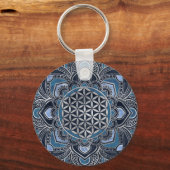 Flower of Life in Lotus - Blue Crystal and Silver Sleutelhanger (Voorkant)