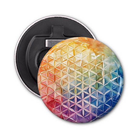 Flower of Life - Waterverf schilderij Button Flesopener (Voorkant)