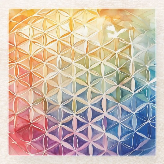 Flower of Life - Waterverf schilderij Glazen Onderzetter (Voorkant)