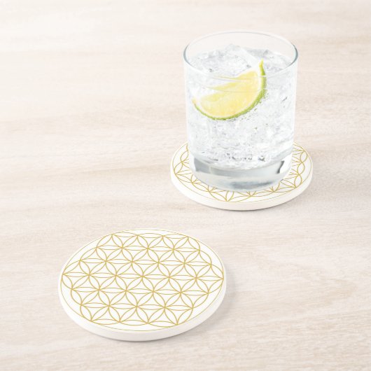 Flower of Life Zandsteen Onderzetters Goud Wit (Zijkant)