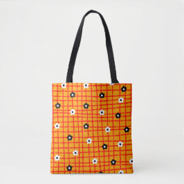 Flower Oranje Red Check Pattern Vibrant Tote Bag