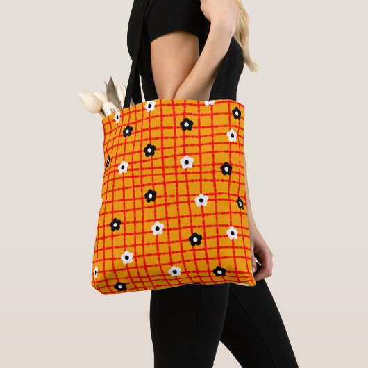 Flower Oranje Red Check Pattern Vibrant Tote Bag (Dichtbij)