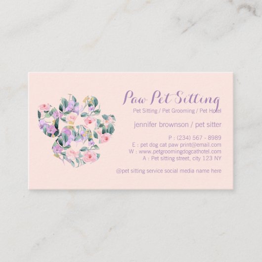 Flower Paarse Pet Sitter Grooming Paw Visitekaartje (Voorkant)