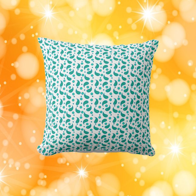 Flower Paisley Polka Dot Pattern Green Blue Kussen (A pillow with a pattern of paisley, flowers and polka dots in green and blue)