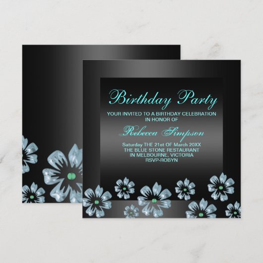 Flower Party Zwart/Blauw Verjaardag Uitnodiging (Voorkant / Achterkant)