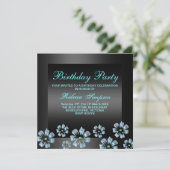 Flower Party Zwart/Blauw Verjaardag Uitnodiging (Staand voorkant)