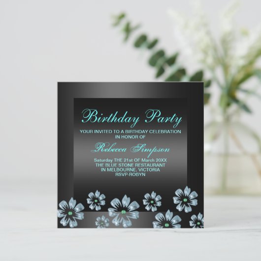 Flower Party Zwart/Blauw Verjaardag Uitnodiging (Staand voorkant)