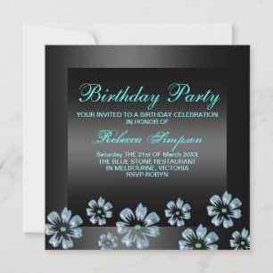 Flower Party Zwart/Blauw Verjaardag Uitnodiging