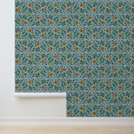 Flower Pattern oranje Swirl Berry op Blauwgroen - Behang