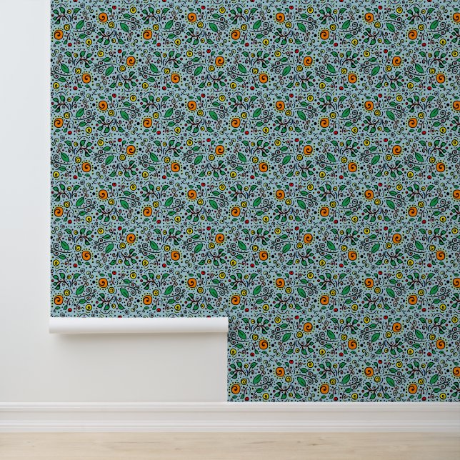Flower Pattern oranje Swirl Berry op Blauwgroen - Behang (Applicatie)