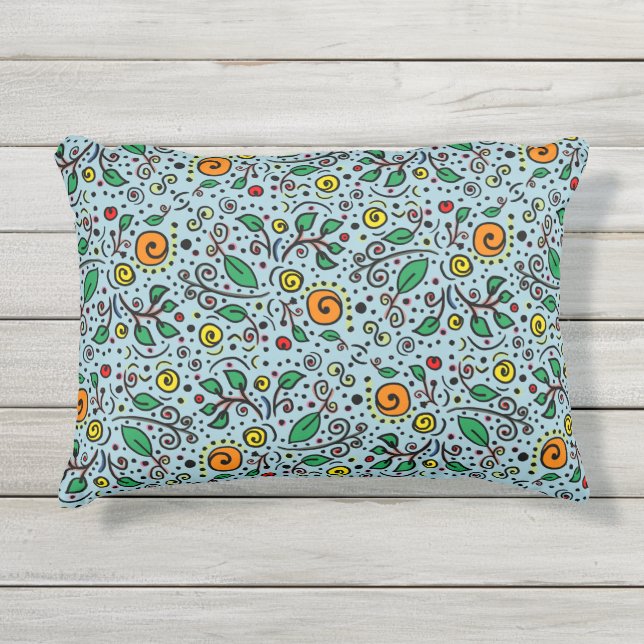 Flower Pattern oranje Swirl Berry op Blauwgroen - Buitenkussen (Voorkant)