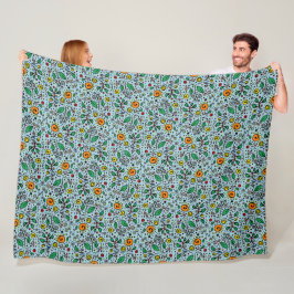 Flower Pattern oranje Swirl Berry op Blauwgroen - Fleece Deken