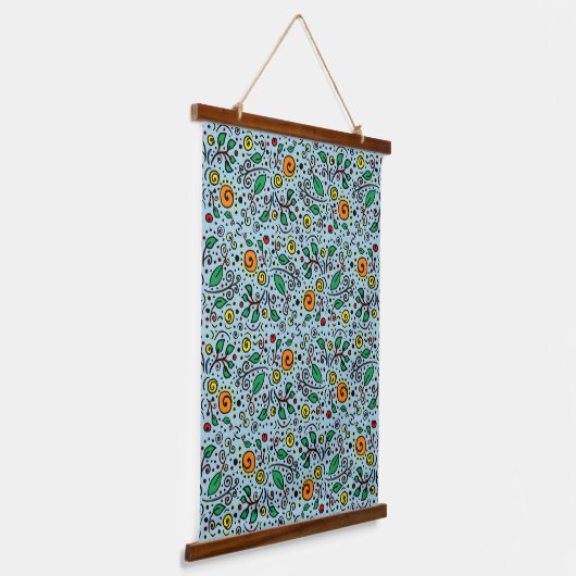 Flower Pattern oranje Swirl Berry op Blauwgroen - Hangend Wandkleed (Gebogen)