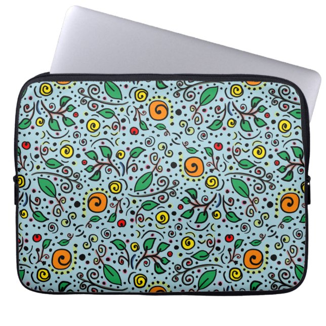 Flower Pattern oranje Swirl Berry op Blauwgroen - Laptop Sleeve (Voorkant)