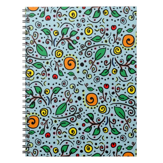 Flower Pattern oranje Swirl Berry op Blauwgroen Notitieboek (Voorkant)