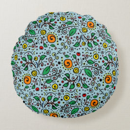 Flower Pattern oranje Swirl Berry op Blauwgroen - Rond Kussen