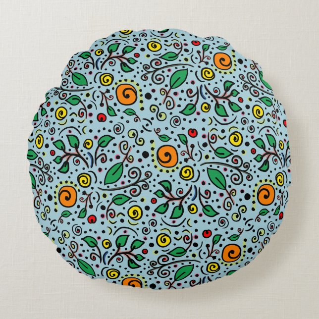 Flower Pattern oranje Swirl Berry op Blauwgroen - Rond Kussen (Voorkant)