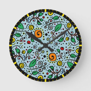 Flower Pattern oranje Swirl Berry op Blauwgroen - Ronde Klok