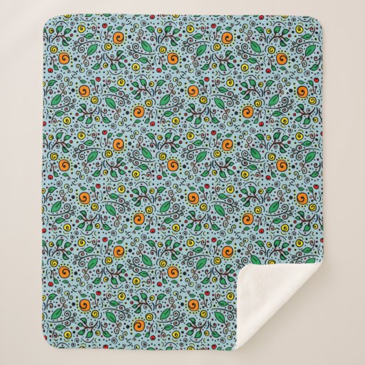 Flower Pattern oranje Swirl Berry op Blauwgroen - Sherpa Deken (Voorkant)