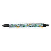 Flower Pattern oranje Swirl Berry op Blauwgroen - Zwarte Inkt Pen (Voorkant)