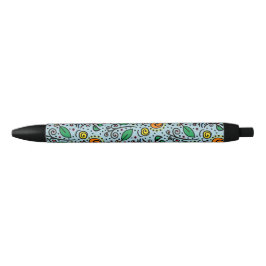Flower Pattern oranje Swirl Berry op Blauwgroen - Zwarte Inkt Pen