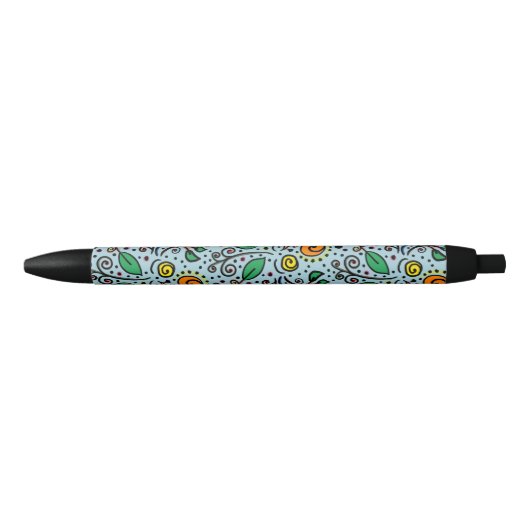 Flower Pattern oranje Swirl Berry op Blauwgroen - Zwarte Inkt Pen (Voorkant)