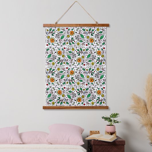 Flower Pattern oranje Swirl Berry op Wit - Hangend Wandkleed (Slaapkamer)