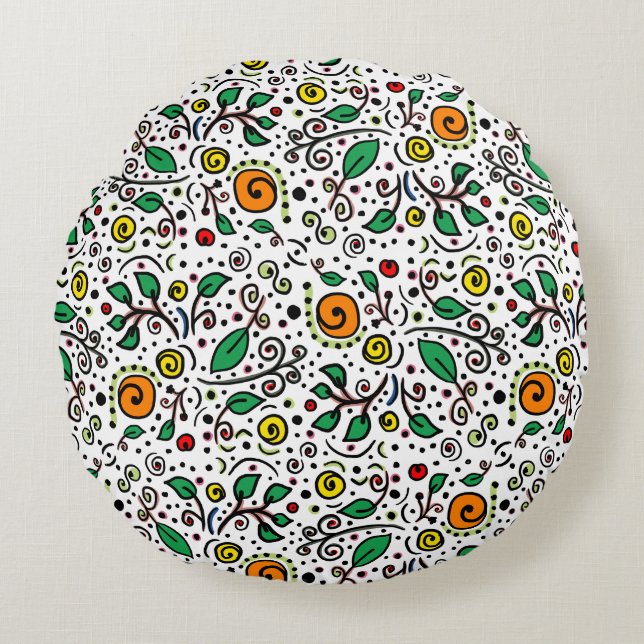 Flower Pattern oranje Swirl Berry op Wit - Rond Kussen (Voorkant)