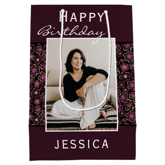 Flower Pattern Photo Happy Birthday Medium Cadeauzakje (Achterkant)